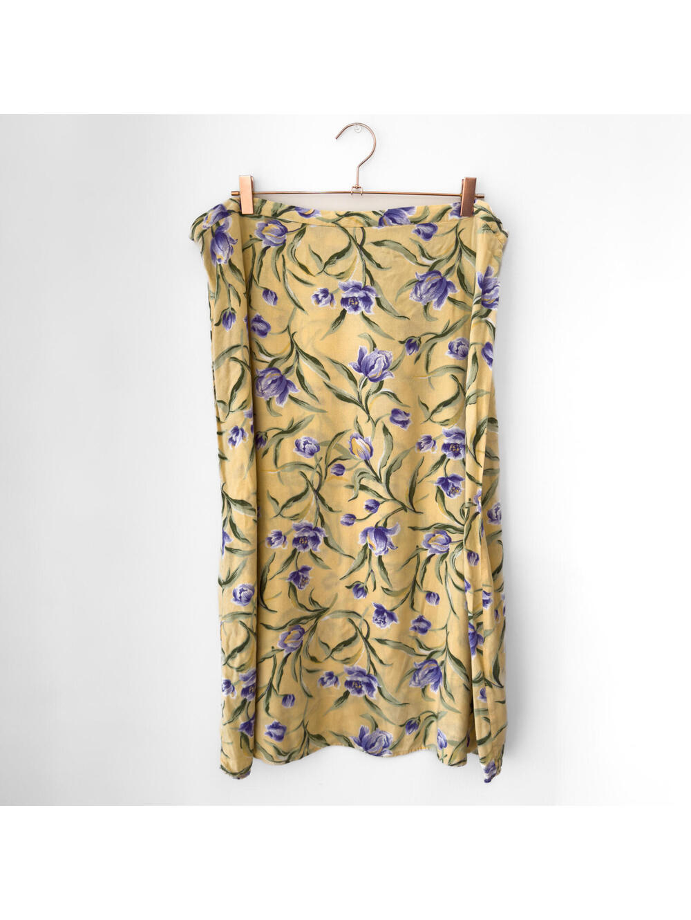 90s‎ Vintage Butter Yellow with Purple Floral Print Midi Skirt Size 1X